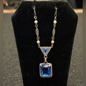Dainty Vintage Blue and Silver Necklace with Intricate Chain